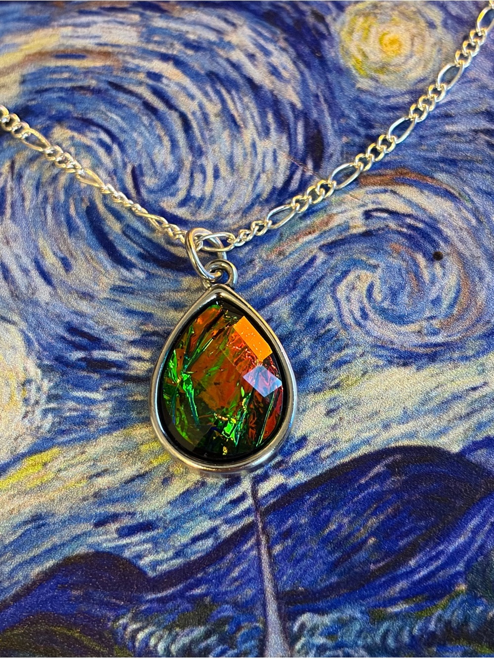 Iridescent Teardrop Necklace - Green & Orange Pendant